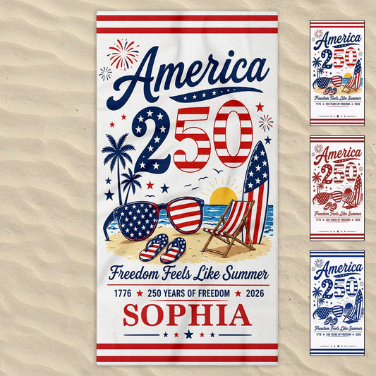 Custom Freedom Feels Like Summer Beach Towel for Family with personalized design details for meaningful gifting