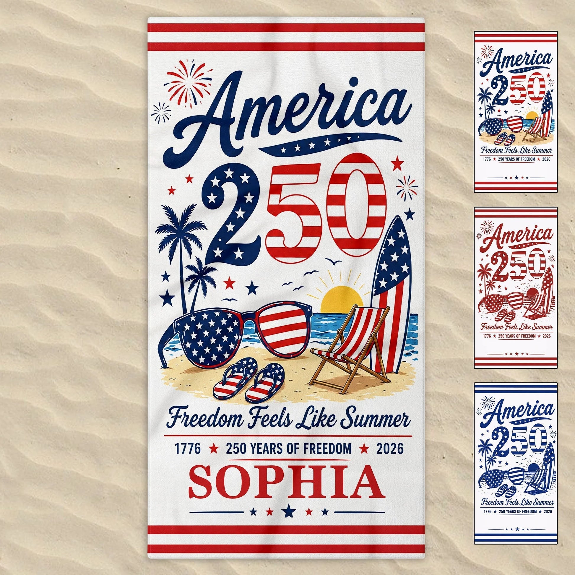 Custom Freedom Feels Like Summer Beach Towel for Family with personalized design details for meaningful gifting