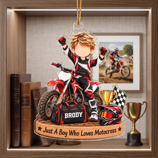 Just A Boy Who Loves Motocross Personalized Acrylic Ornament - Custom Dirt Bike Keepsake