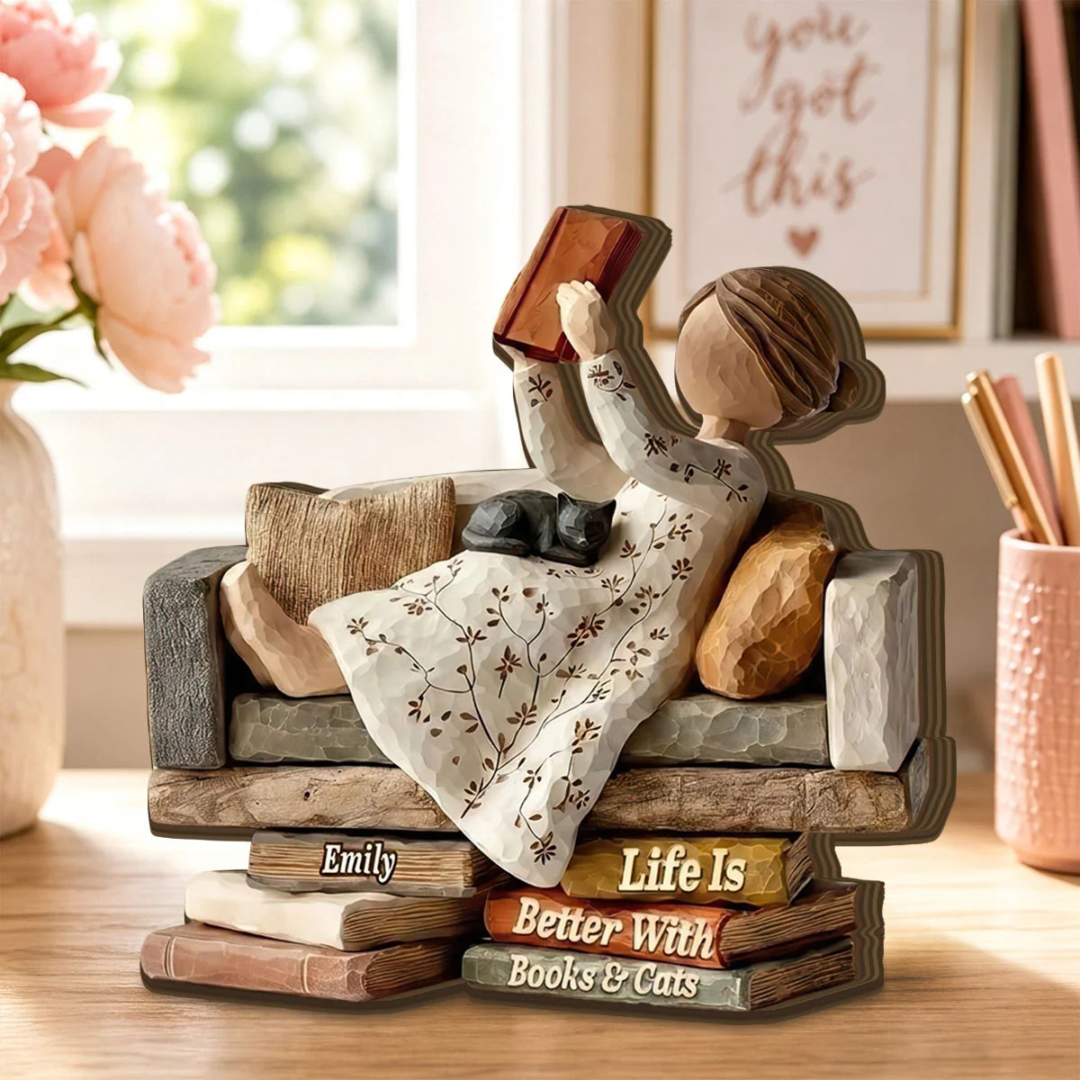 "Life Is Better With Books & Cats" Personalized Book Lover Wooden Block - Custom Gift for Cat Mom Reader