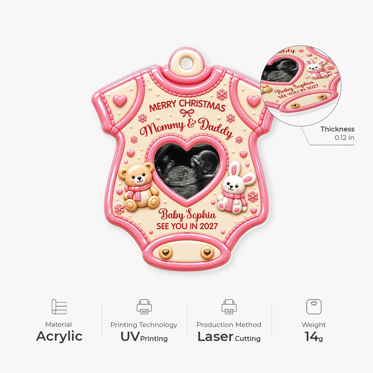 Merry Christmas Mommy & Daddy - Custom Baby Ultrasound Photo Onesie Acrylic Ornament