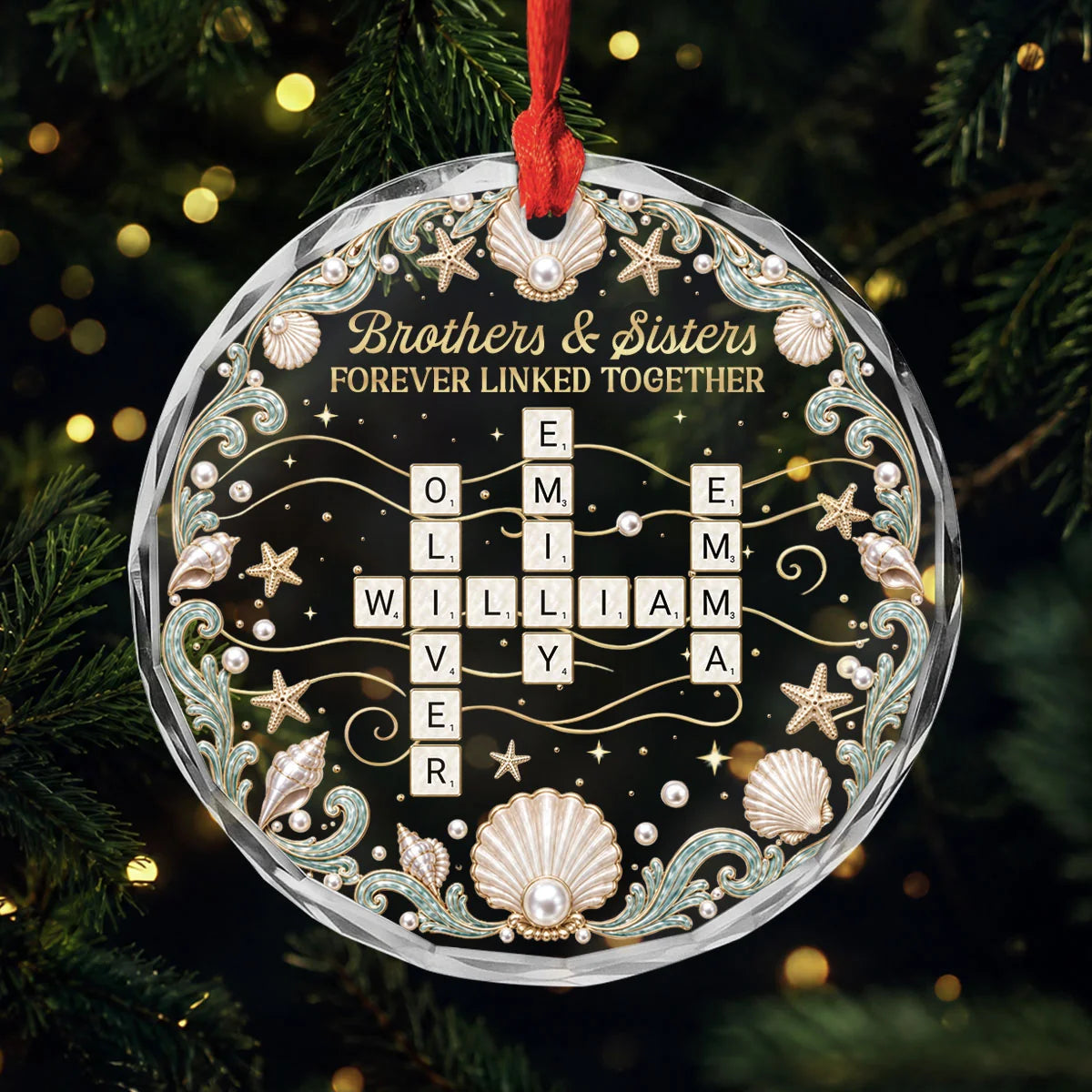Brothers & Sisters Forever Linked Together - Personalized Crossword Glass Ornament with Siblings’ Names