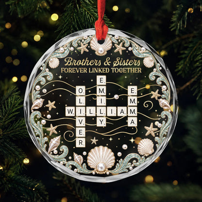 Brothers & Sisters Forever Linked Together - Personalized Crossword Glass Ornament with Siblings’ Names