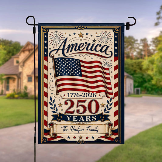 Personalized America 250 Years garden flag with custom family name and USA flag design for patriotic outdoor decor