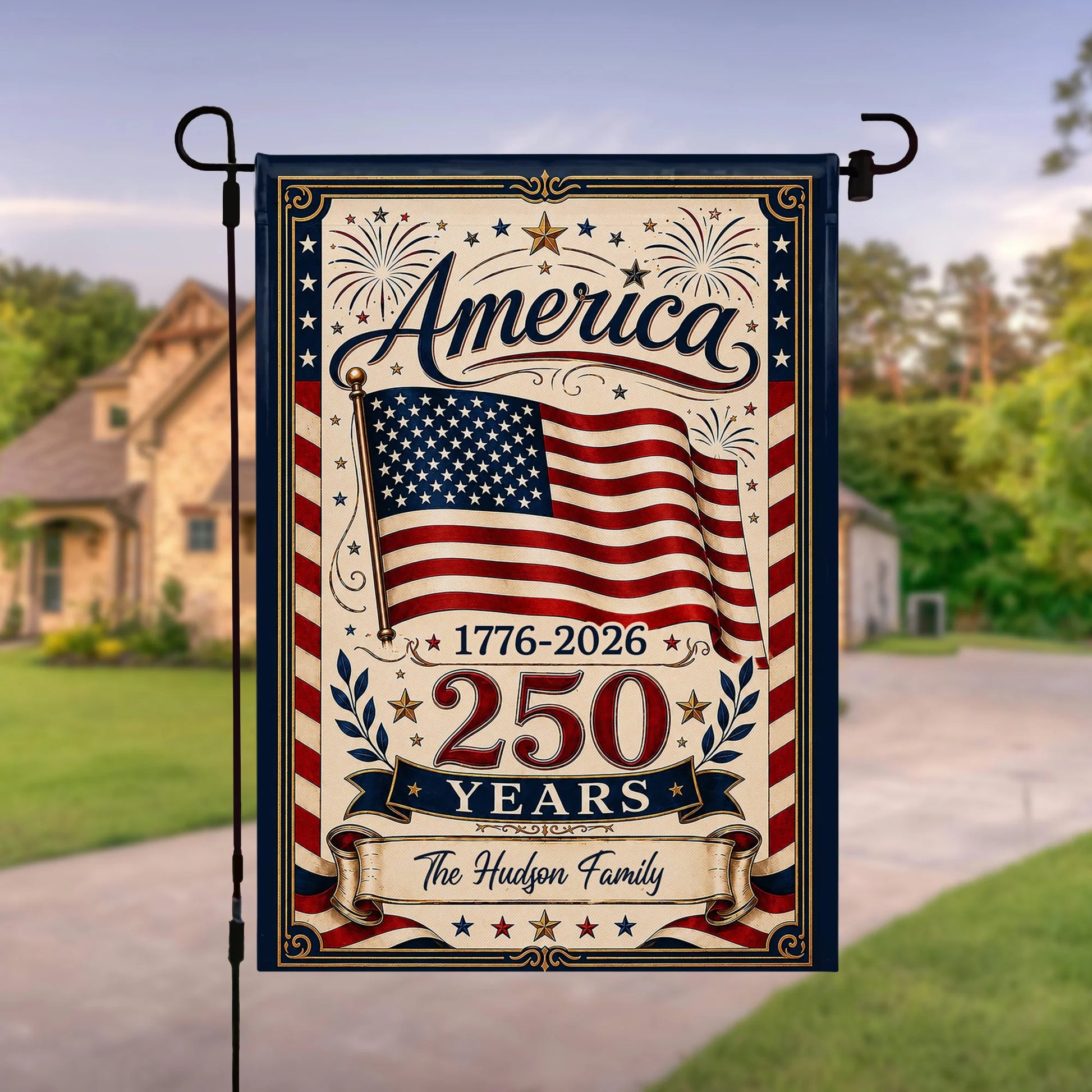 Personalized America 250 Years garden flag with custom family name and USA flag design for patriotic outdoor decor