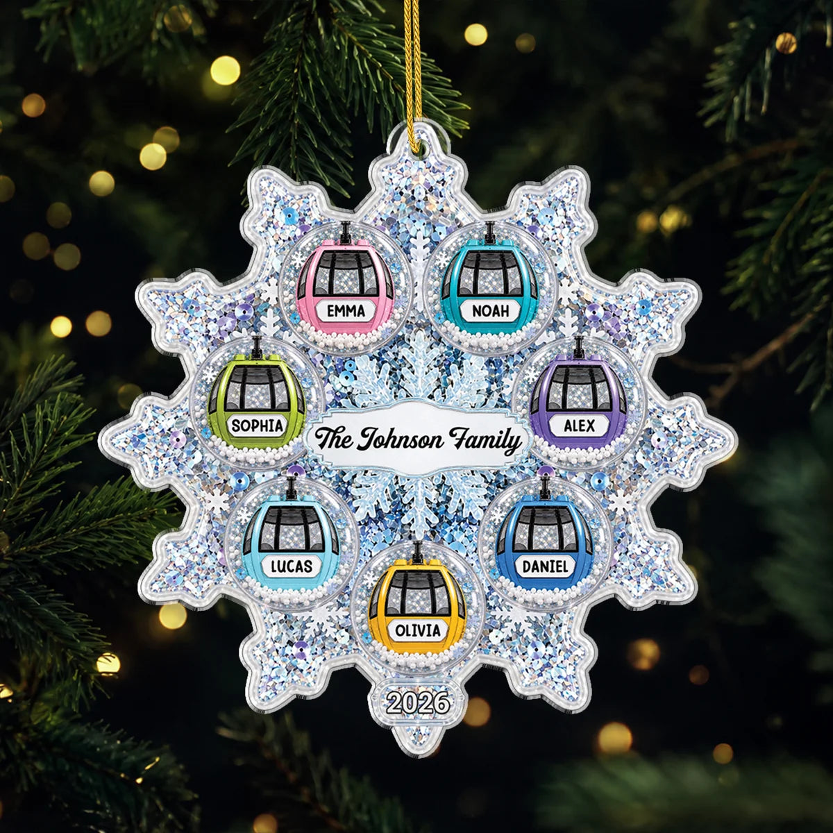 Custom Ski Gondola Snowflake Acrylic Ornament - Personalized Family Name Christmas Keepsake Gift