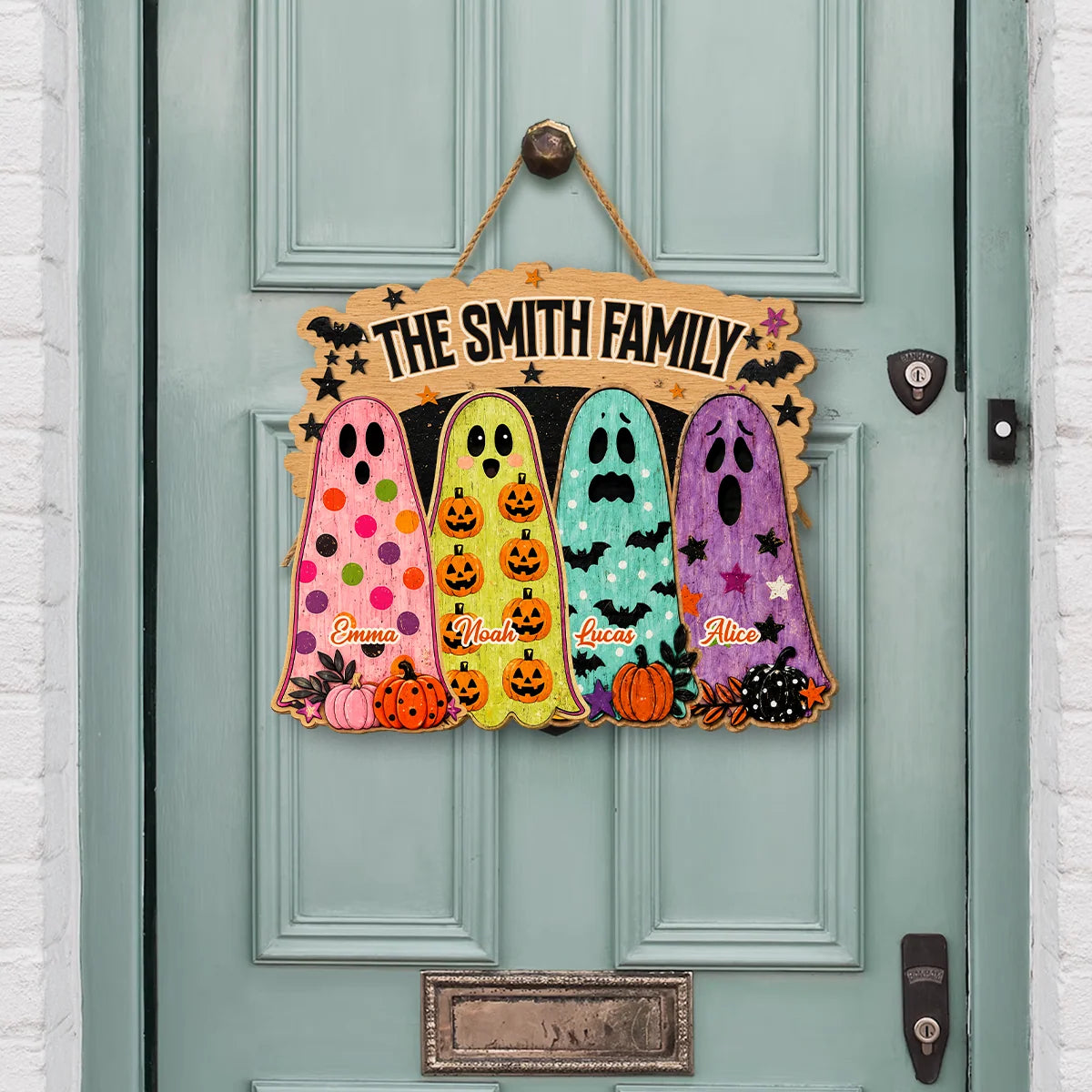 Personalized Halloween Family Wood Sign - Custom Spooky Ghost Door Decor