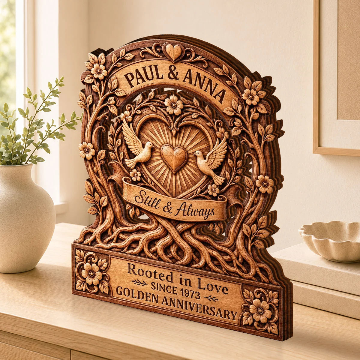 "Still & Always Rooted in Love" Personalized Wooden Block - Custom Anniversary Gift for Couples