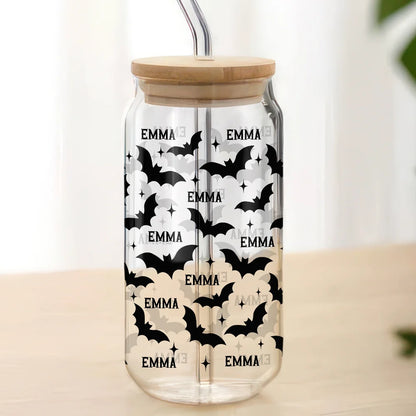Spooky Season Bats Personalized Halloween Glass Can Cup - Cute Custom Fall Gift For Her