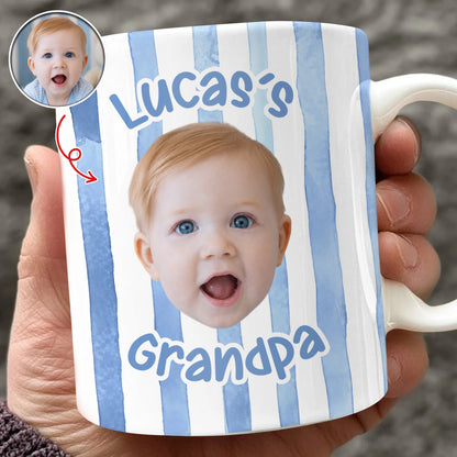 Custom baby face mug with personalized photo and text over a striped pattern backdrop