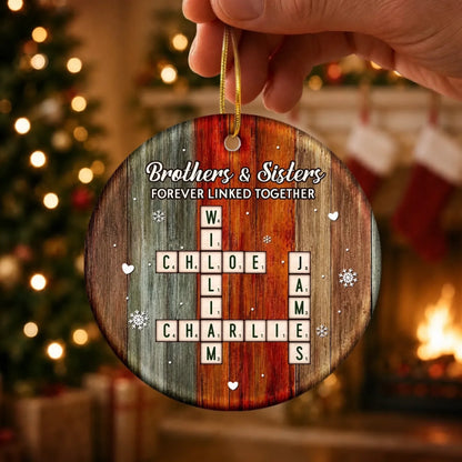 Brothers & Sisters Forever Linked Personalized Ceramic Ornament - Custom Crossword Christmas Gift for Siblings