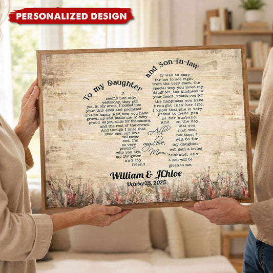 Personalized daughter and son in law wedding gift canvas print with heart shaped custom text and names