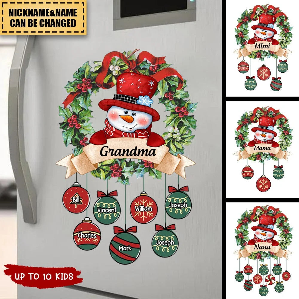 Custom Snowman Christmas Wreath Decal - Personalized Kids Ornament Sticker for Grandma