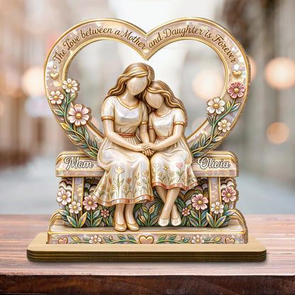 Personalized mother daughter wood plaque with floral heart design and elegant display stand for Mom gift image 6
