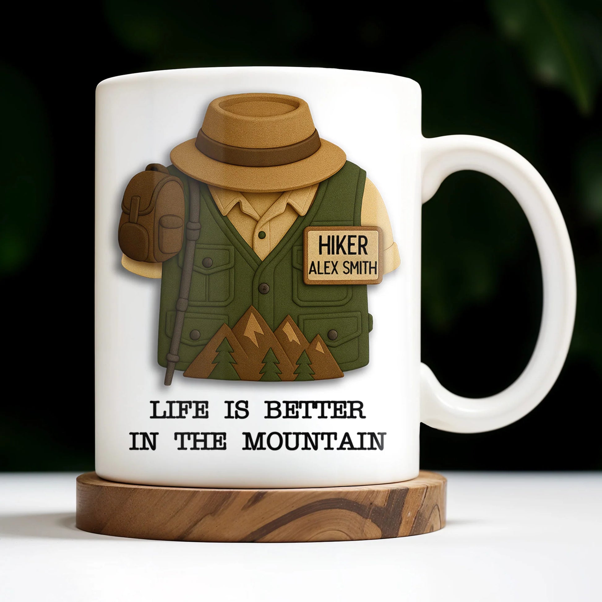 Personalized hiker coffee mug featuring a custom name tag, hiking vest design, and mountains for outdoor lovers image 9