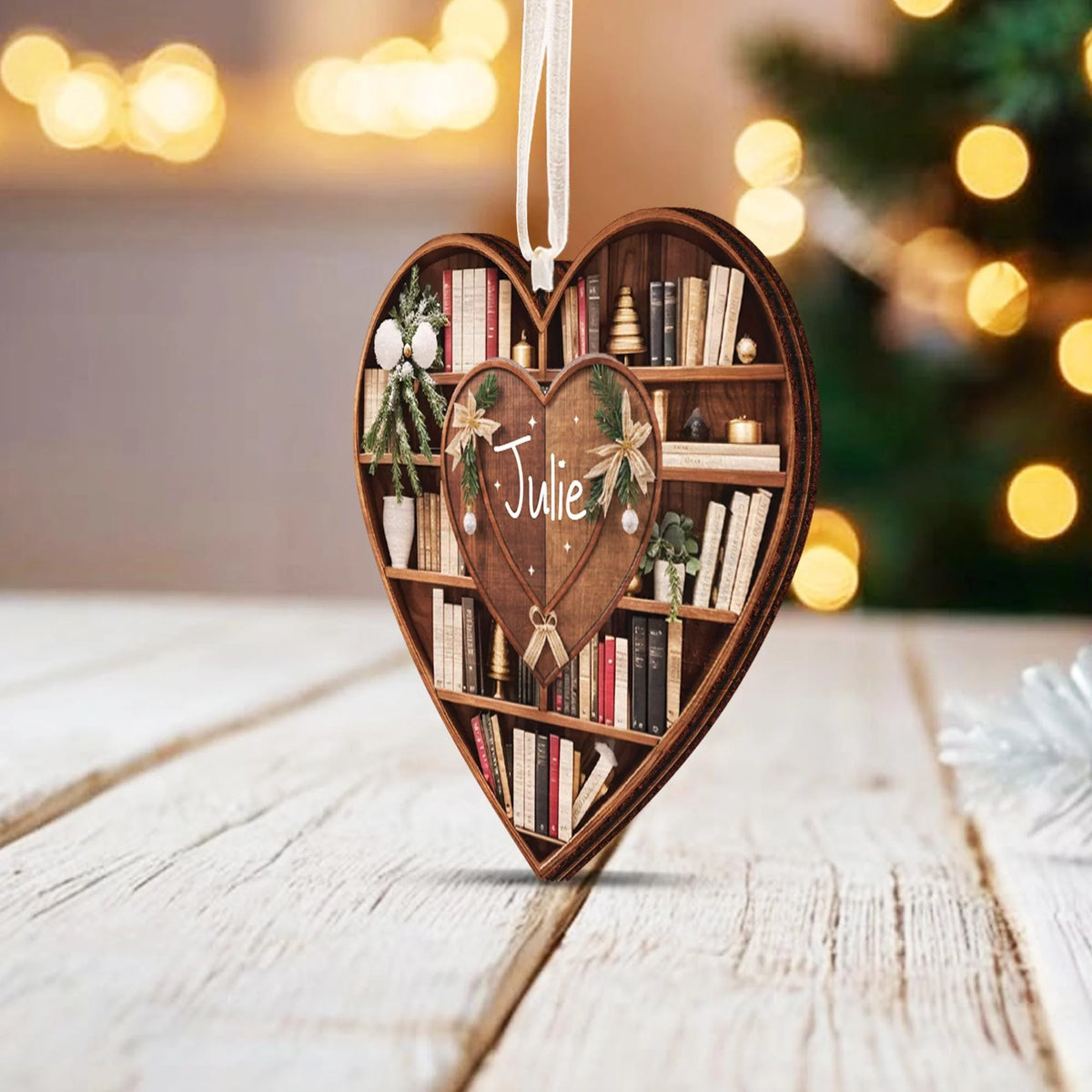 Personalized Bookshelf Heart Wood Ornament - Custom Christmas Gift for Book Lovers