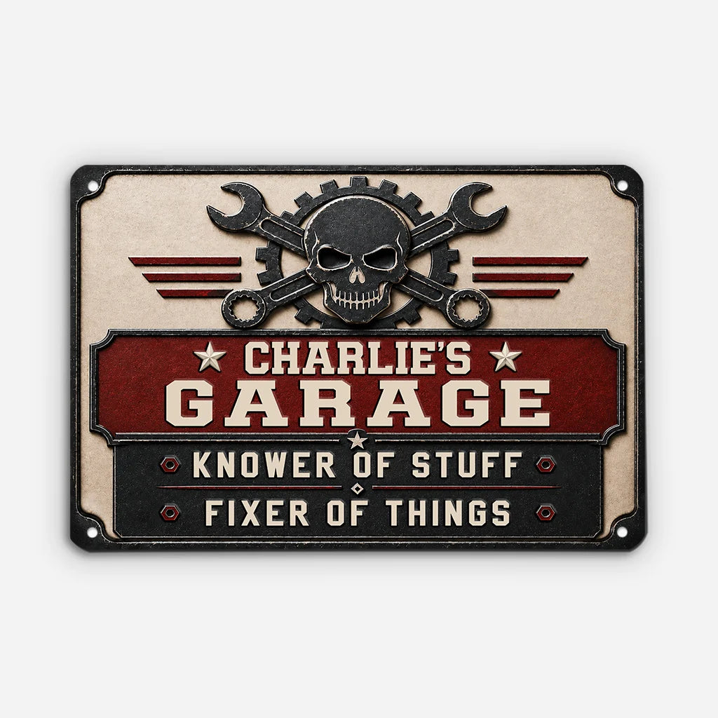 Knower of Stuff Fixer of Things Custom Metal Garage Sign - Personalized Workshop Wall Decor Gift
