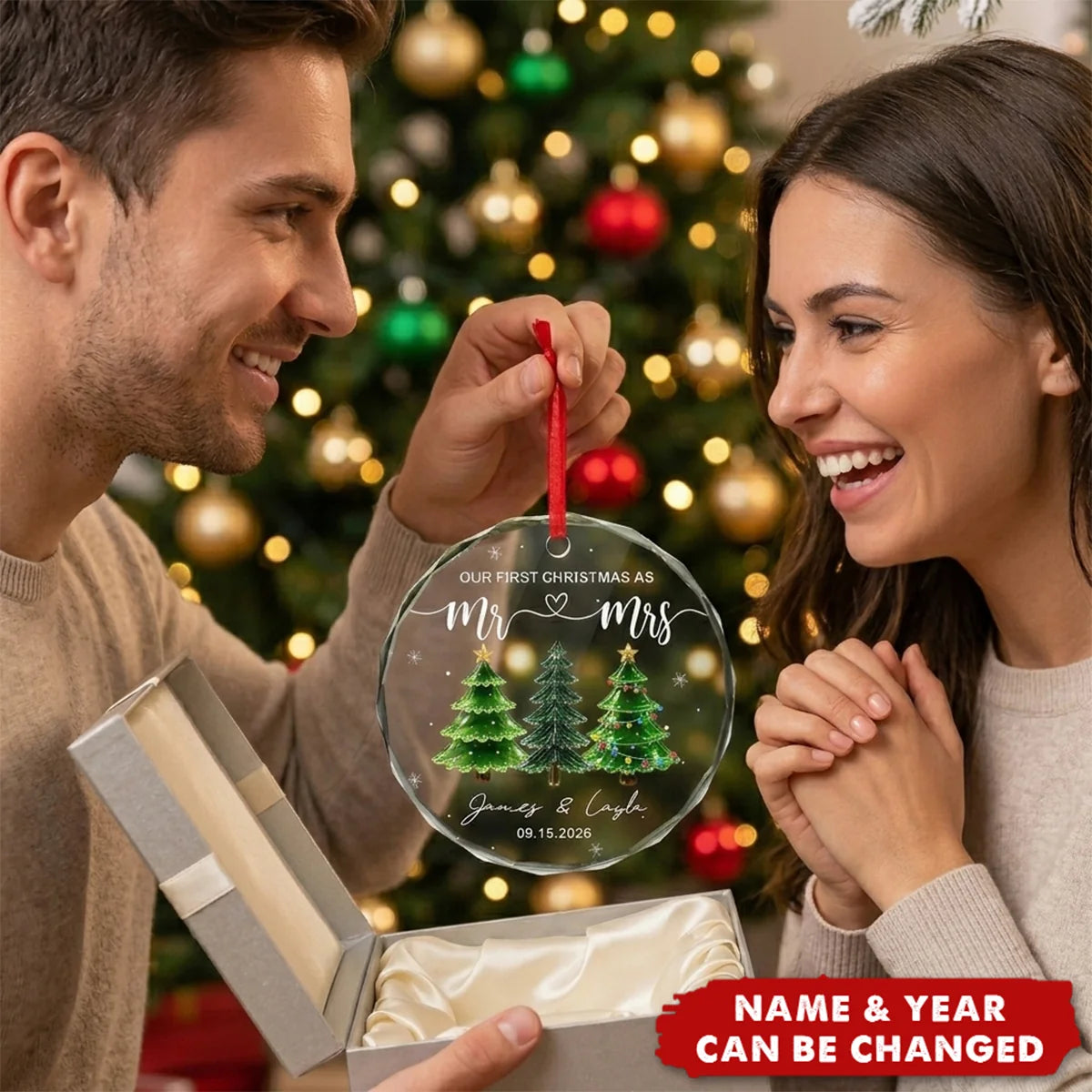 "Our First Christmas as Mr & Mrs" Personalized Glass Ornament - Custom Couple Keepsake Gift