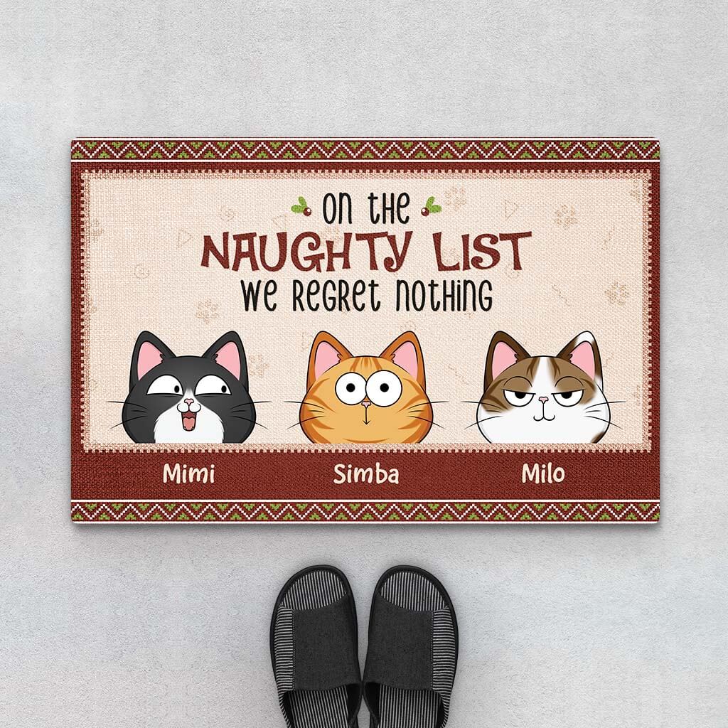 On The Naughty List We Regret Nothing - Personalized Cat Doormat for Christmas Decor
