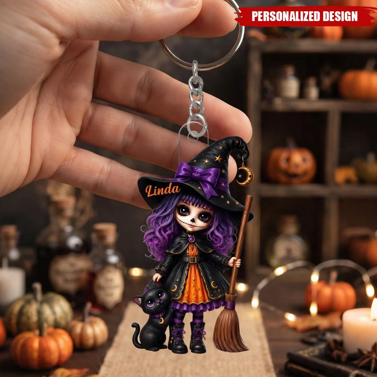 Custom Halloween Witch Acrylic Keychain - Personalized Halloween Bag Charm