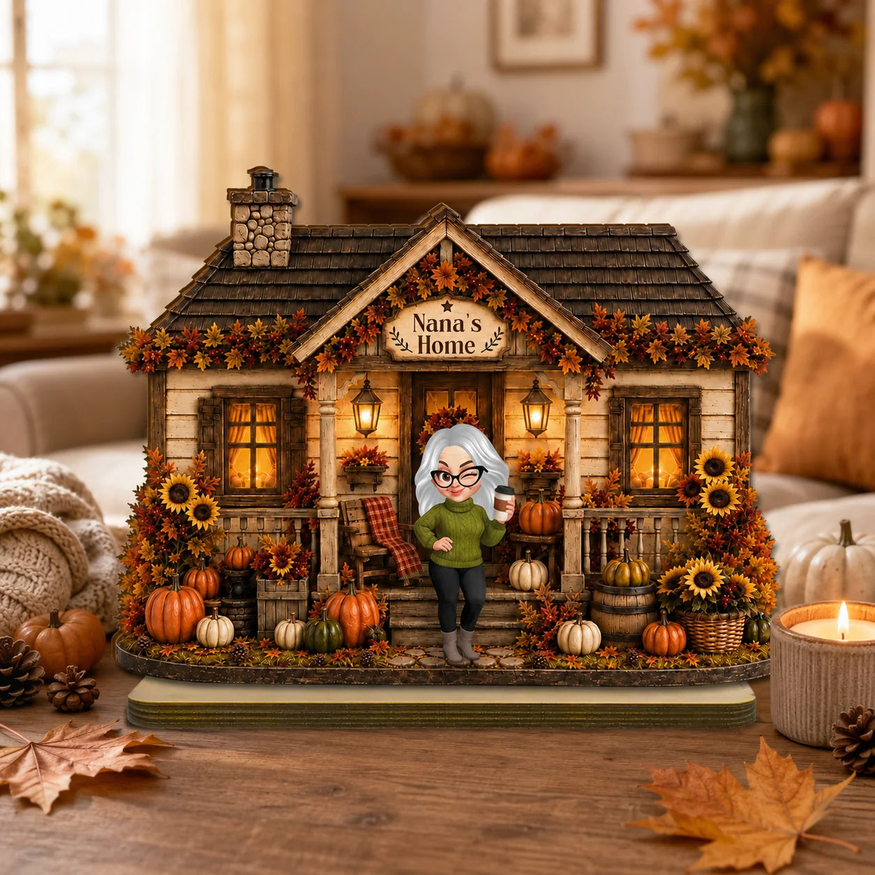 Nana's Home Custom Harvest Wood Plaque - Personalized Pumpkin Fall Table Decor & Thanksgiving Gift for Grandma
