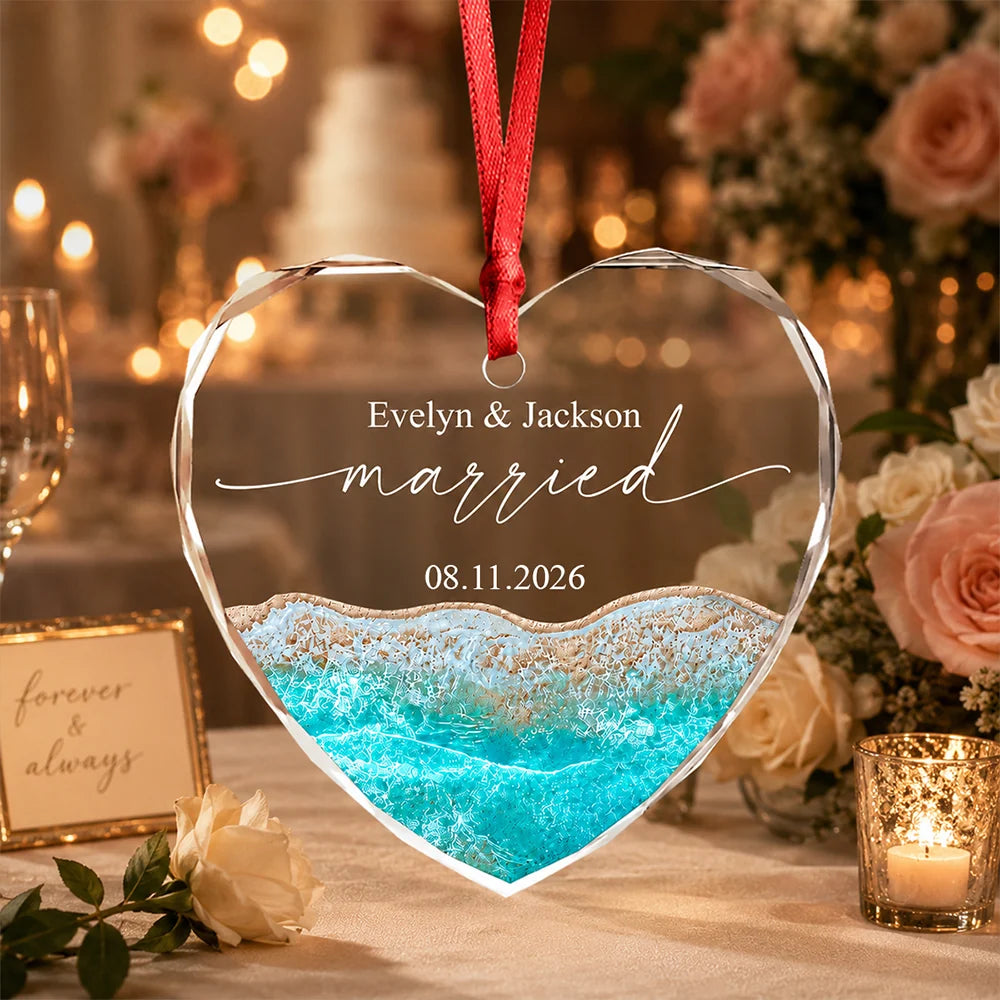 Married Engaged Beach Heart Glass Ornament - Personalized Wedding Keepsake Gift for Couples