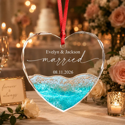 Married Engaged Beach Heart Glass Ornament - Personalized Wedding Keepsake Gift for Couples