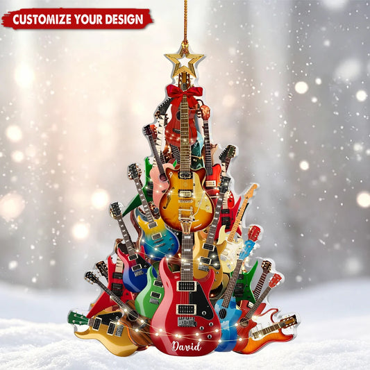 Personalized guitar christmas ornament featuring a custom name printed on a guitar christmas tree for guitar players