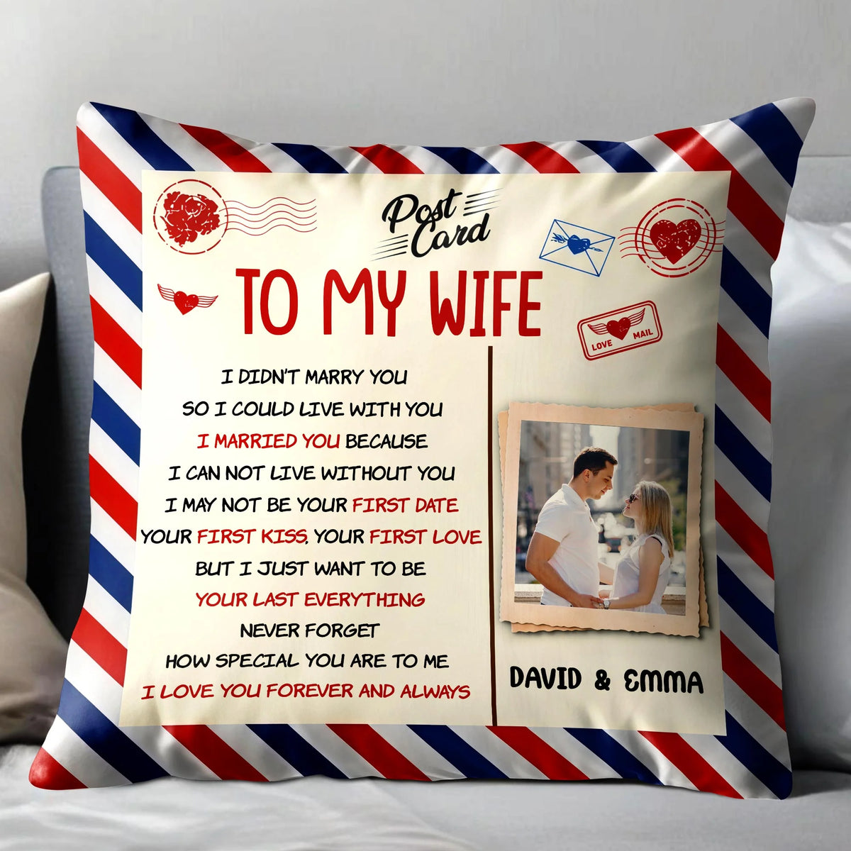 To My Wife I Love You Personalized Pillow - Custom Photo Postcard Throw Pillow for Wife