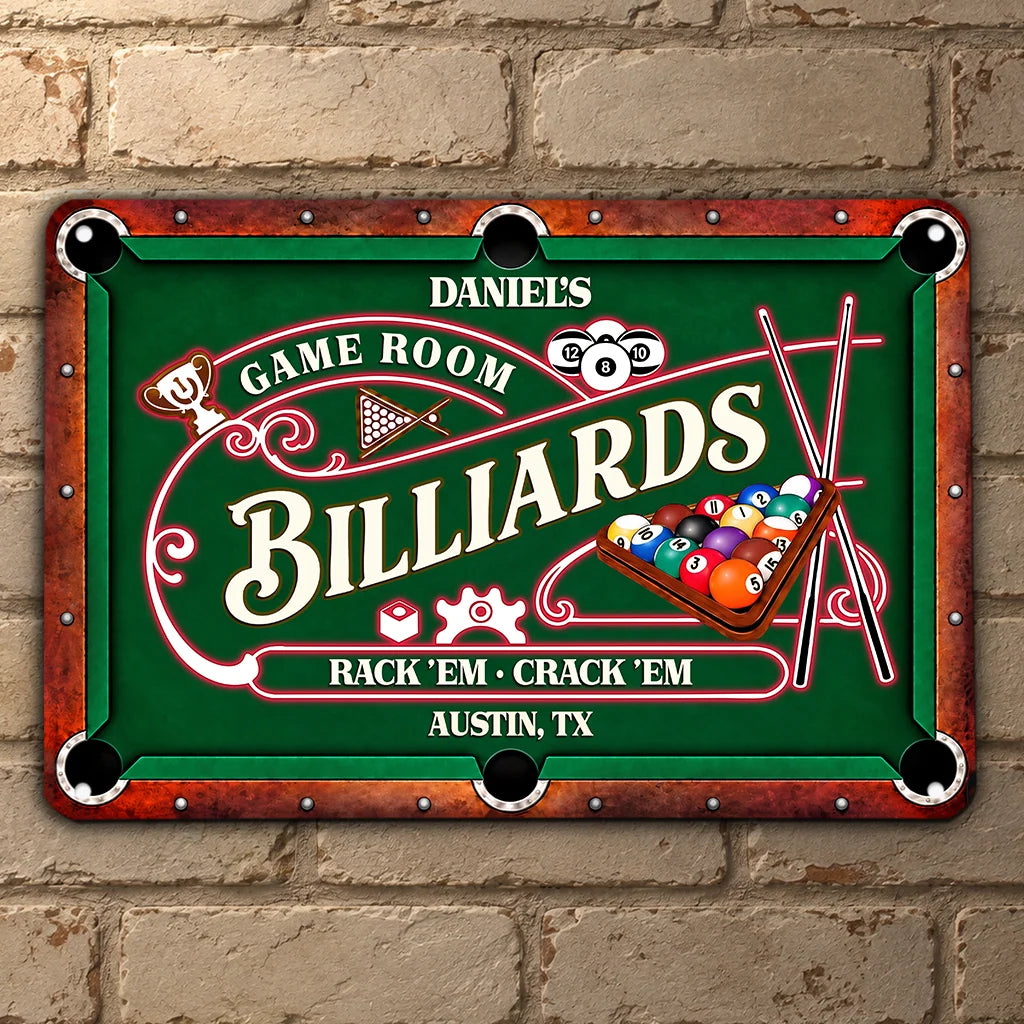 Rack 'Em Crack 'Em Personalized Billiards Metal Sign - Custom Game Room Decor for Dad