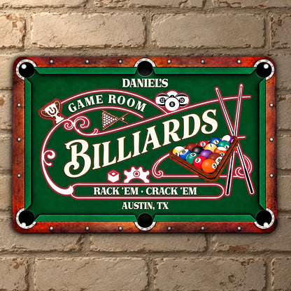 Rack 'Em Crack 'Em Personalized Billiards Metal Sign - Custom Game Room Decor for Dad