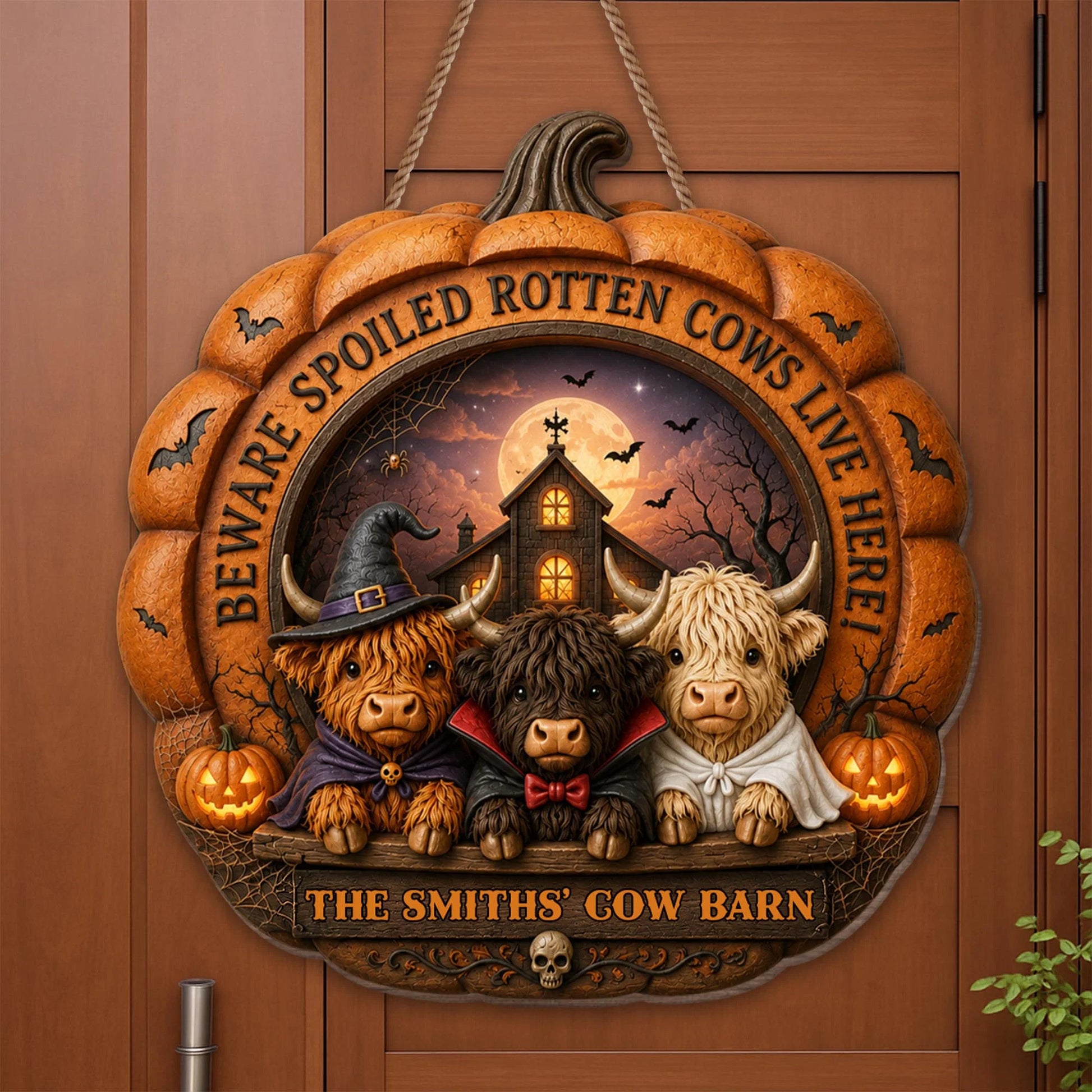 "Beware Spoiled Rotten Cows Live Here" - Personalized Highland Cow Farm Halloween Wood Sign