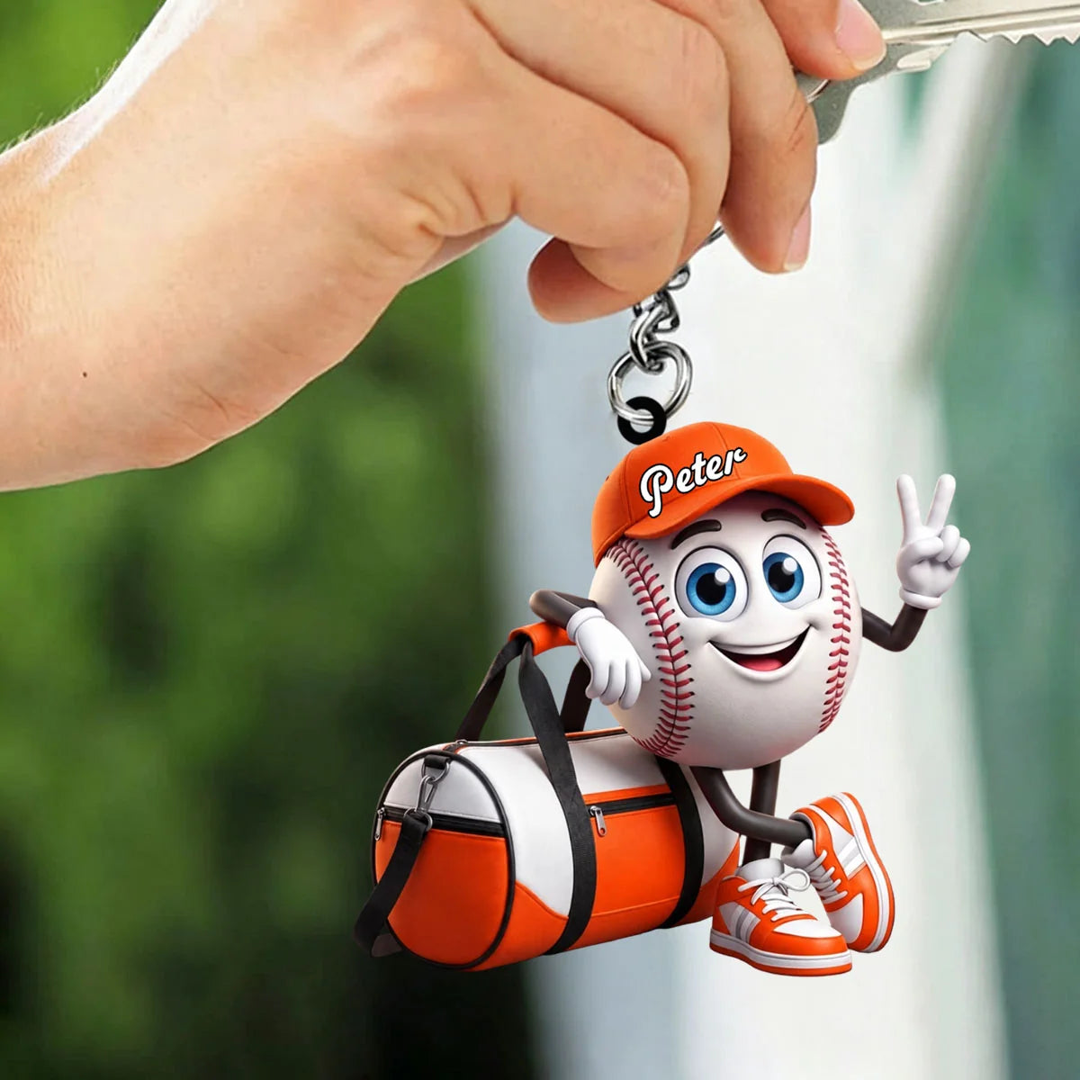 Cute V-Sign Mascot Personalized Baseball Acrylic Keychain - Custom Name Softball Bag Tag Gift