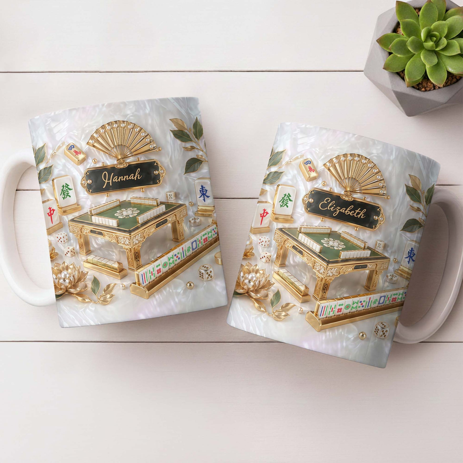 Personalized mahjong coffee mug with faux 3D mother of pearl tiles and a customizable gold name plaque. image 7