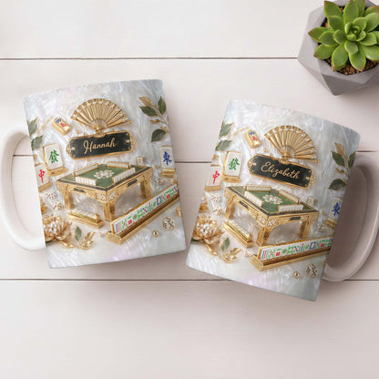 Personalized mahjong coffee mug with faux 3D mother of pearl tiles and a customizable gold name plaque. image 7