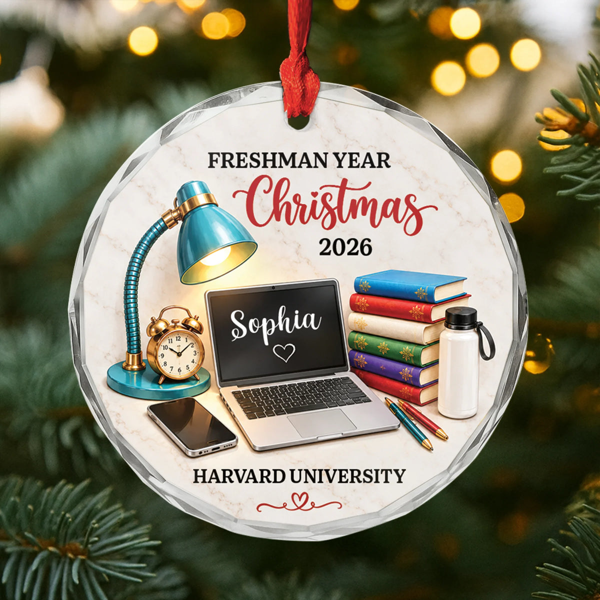 Freshman Year Christmas 2026 - Custom Study Desk Glass Ornament for College Student