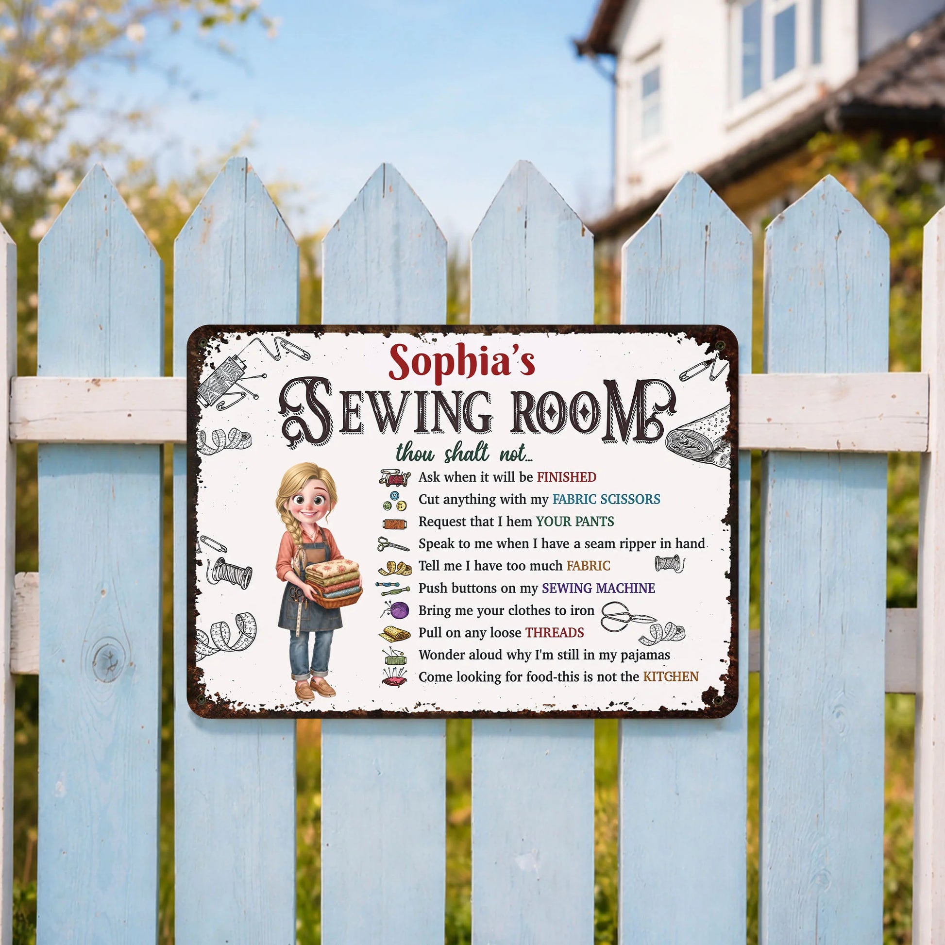 Metal Sign material and size view - Personalized Sewing Room Rules Metal Sign