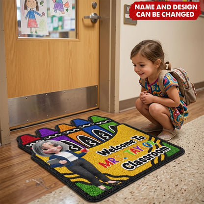 Welcome To Classroom Crayon Box Personalized Teacher Doormat - Custom Back to School Gift
