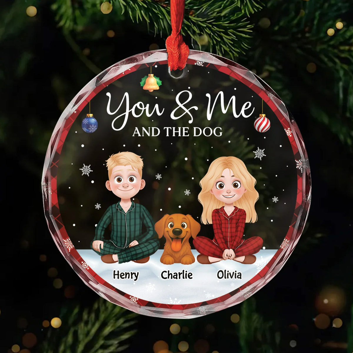 You & Me And The Dog Personalized Glass Ornament - Custom Couple Christmas Gift