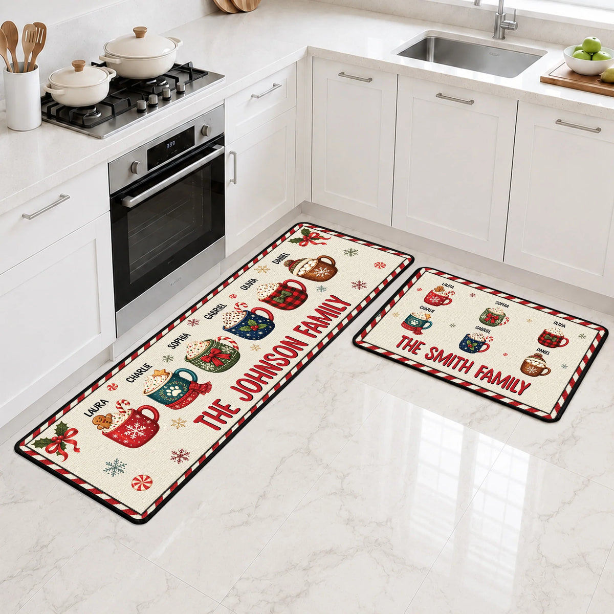 Festive Hot Cocoa Mugs Personalized Family Runner Rug - Christmas Decor for Kitchen