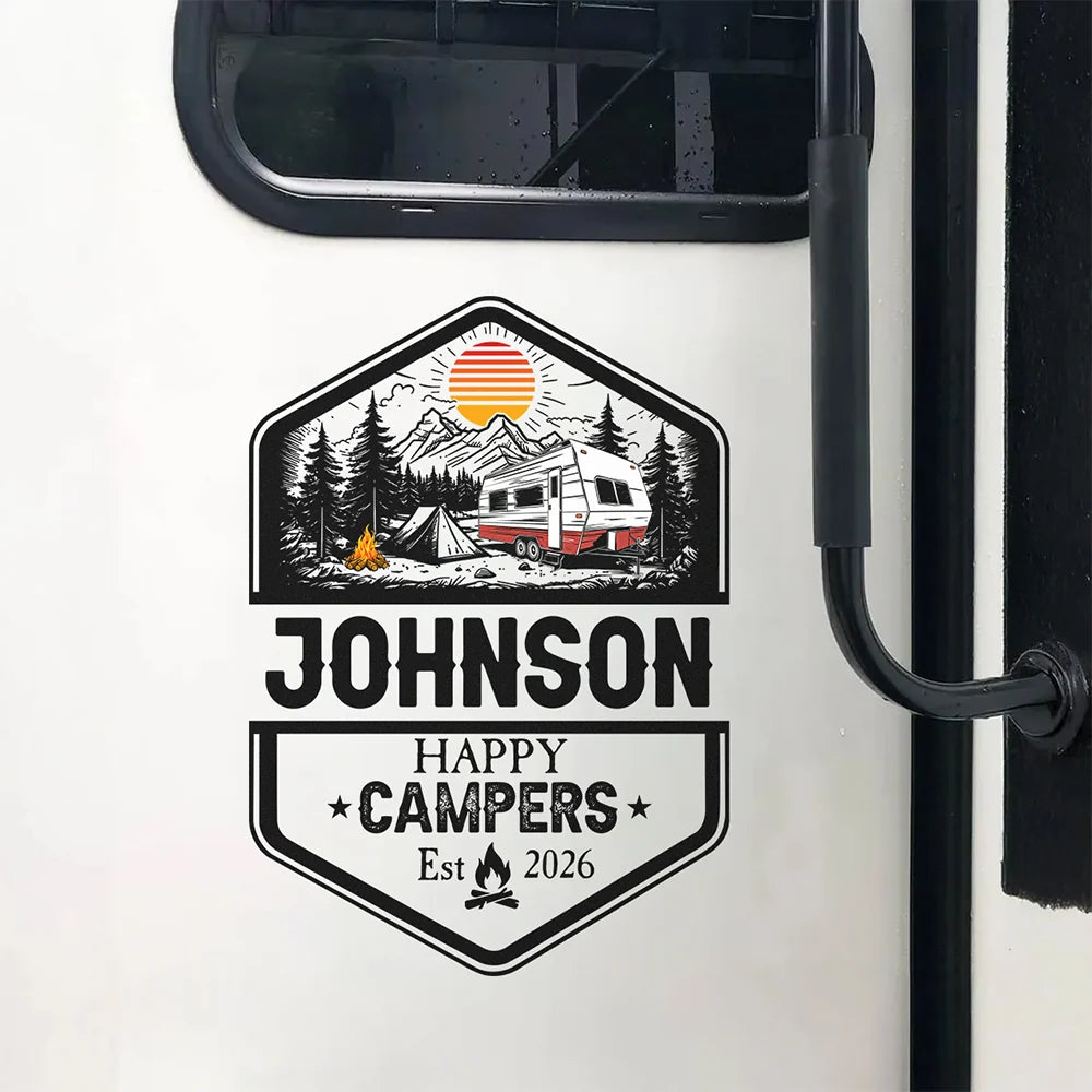 Happy Campers Personalized RV Decal Sticker - Custom Family Camper Graphic for Travel Trailer