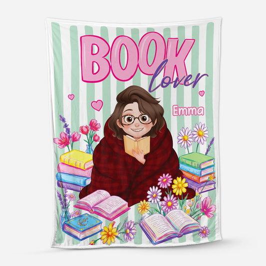 Personalized Book Lover Blanket featuring a custom name and a cute cartoon reader surrounded by colorful books