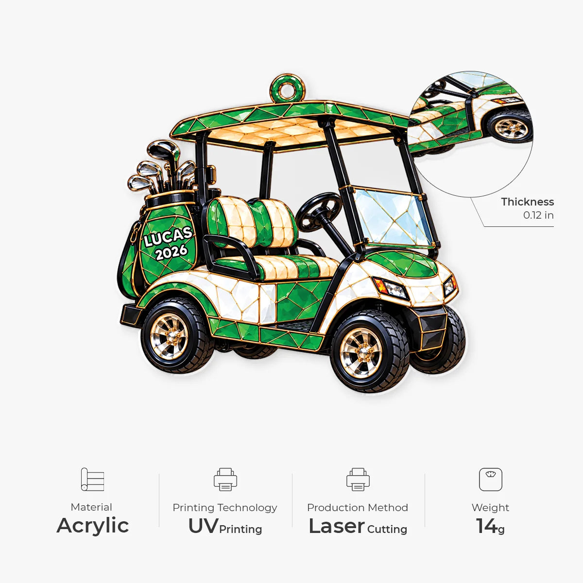 Personalized Golf Cart Acrylic Ornament - Custom Golfer Name Keepsake Gift for Dad