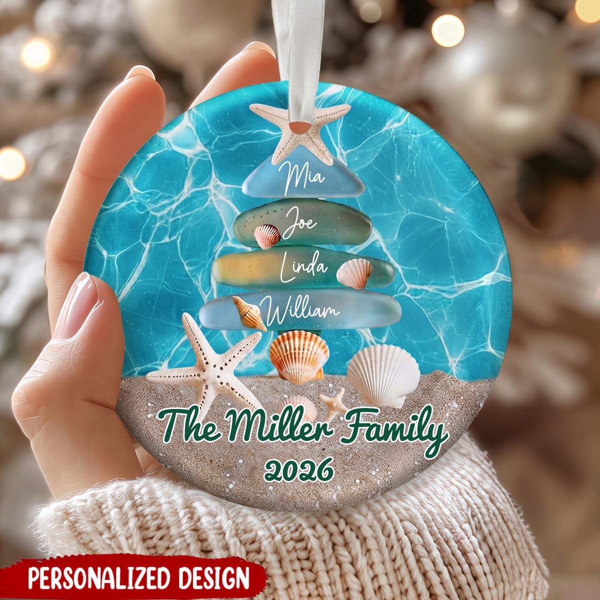 Personalized Coastal Beach Sea Glass Family Christmas Tree Ceramic Ornament - Custom Holiday Keepsake Gift for Beach Lovers