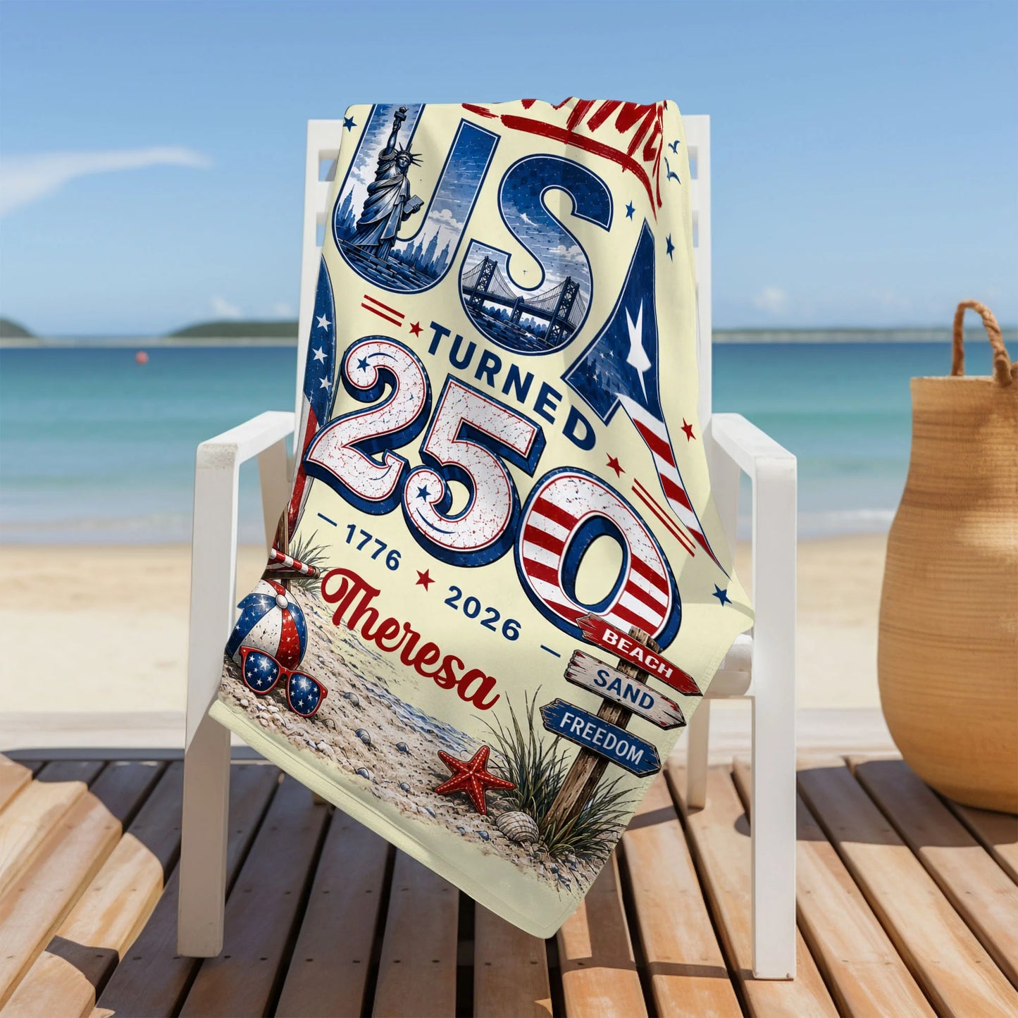Personalized beach towel featuring The Summer USA Turned 250 design with custom name print for patriotic summer vacations. image 8