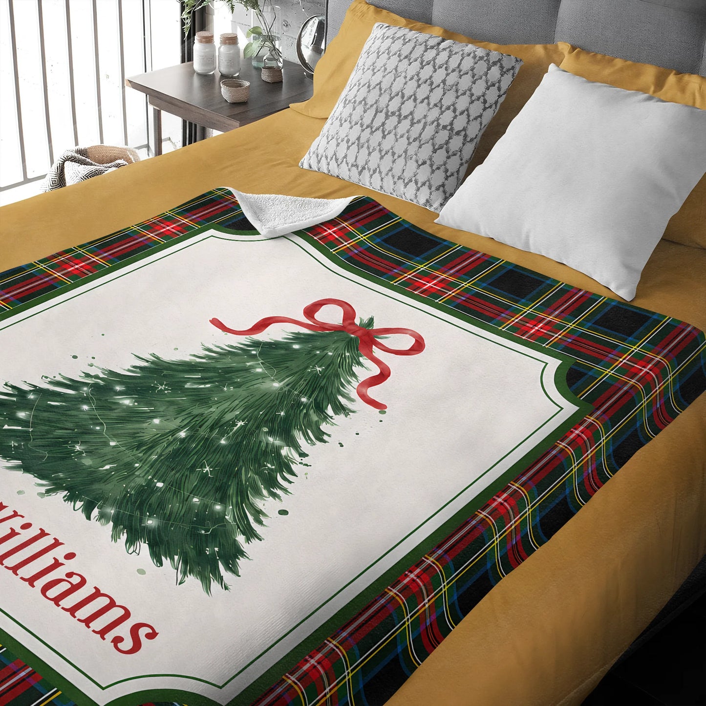 Festive Plaid Tree Personalized Christmas Family Blanket - Custom Cozy Holiday Living Room Decor