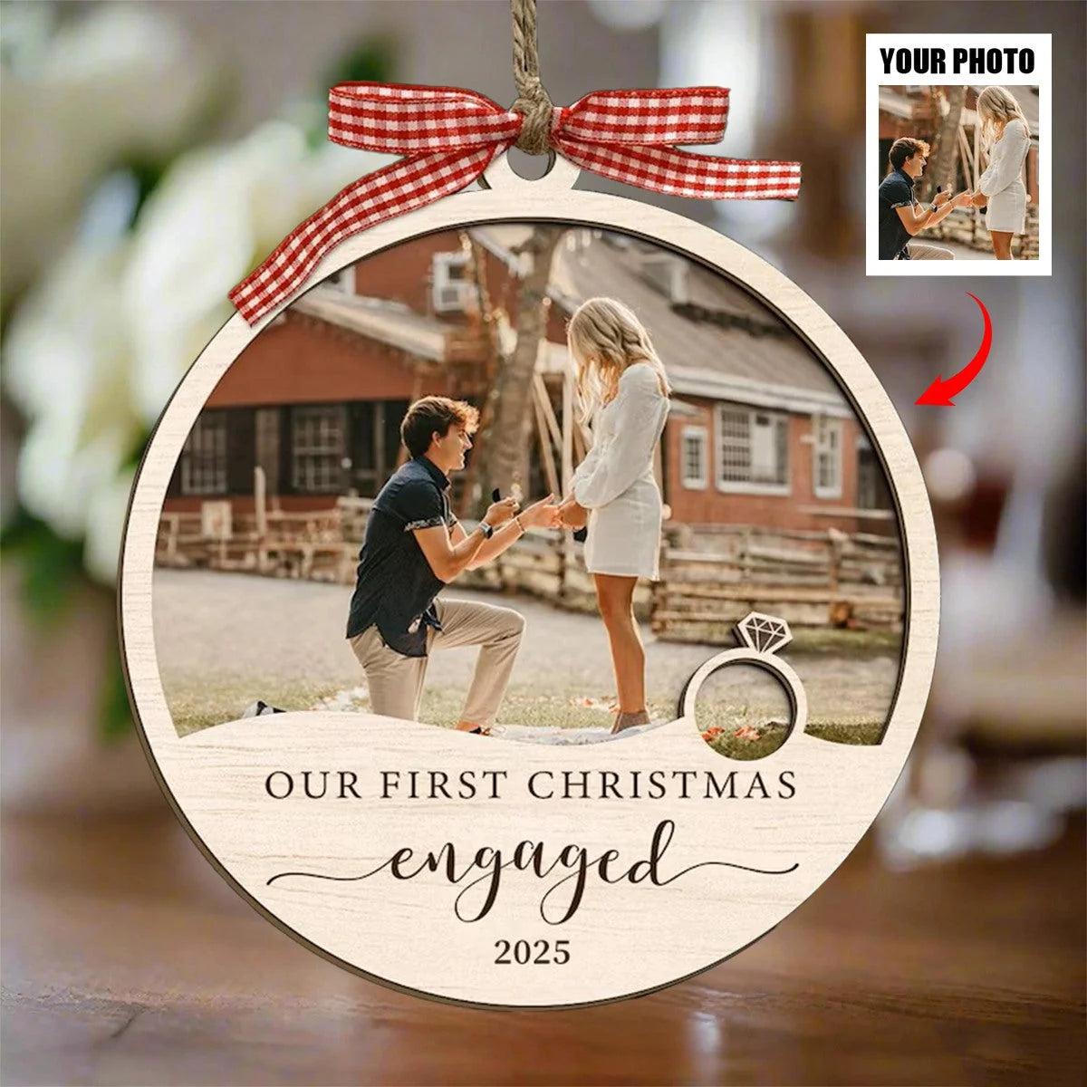"Our First Christmas Engaged" Custom Photo Wood Ornament - Personalized Couple Keepsake Gift