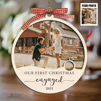 "Our First Christmas Engaged" Custom Photo Wood Ornament - Personalized Couple Keepsake Gift