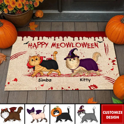 Happy Meowloween Personalized Halloween Cat Doormat - Front Porch Decor for Cat Lovers