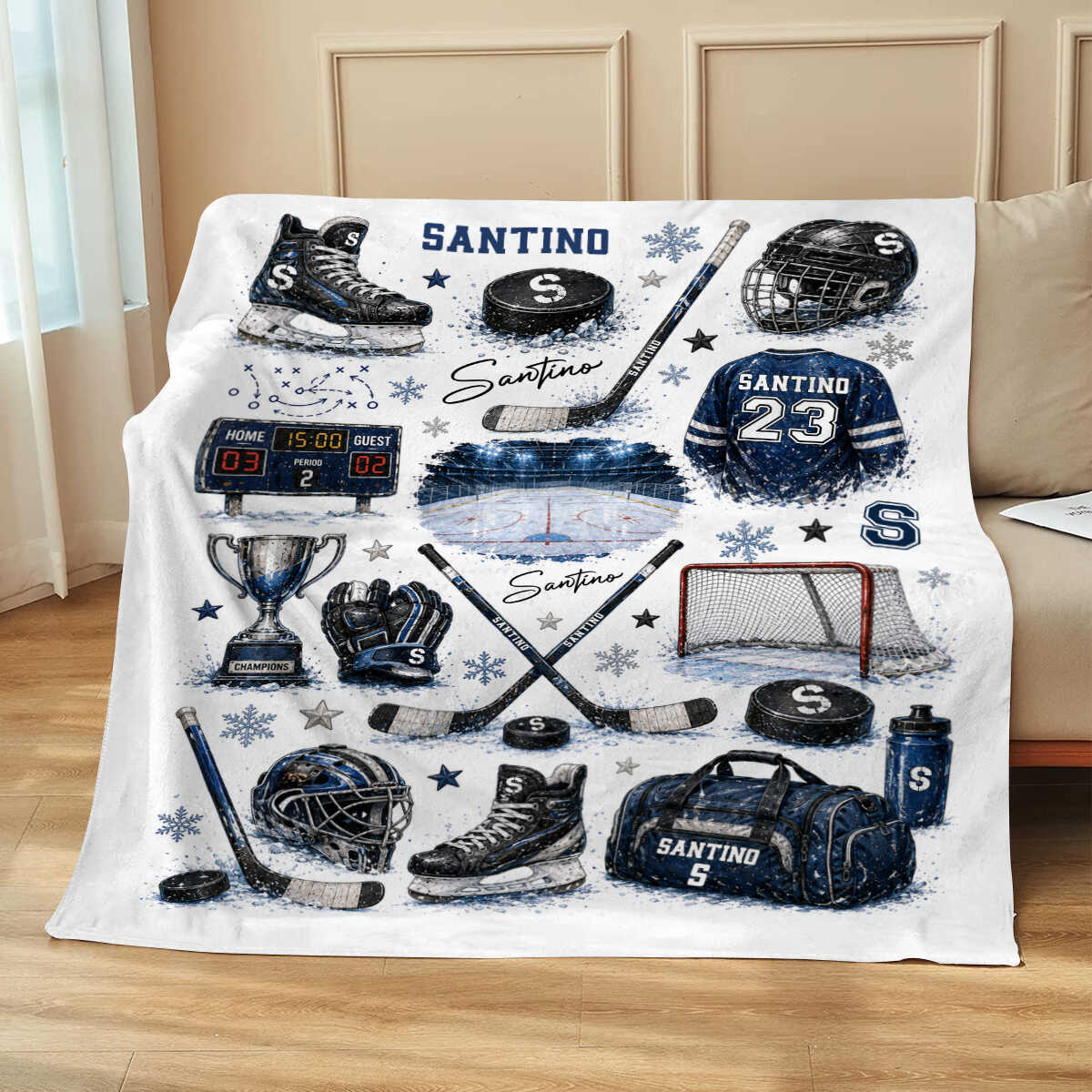 Personalized Hockey Baby Blanket with Name - Custom Ice Hockey Throw Blanket for Boys Nursery Decor & Toddler Gift
